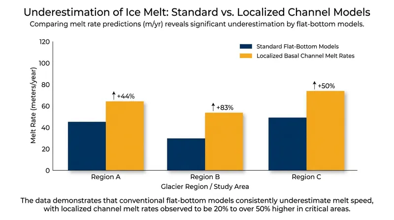 Current climate models that assume a flat ice underside may underestimate melt rates by up to 50%.