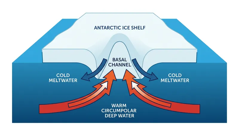 Warm ocean water funnels into inverted canyons beneath the ice, accelerating localized melting.