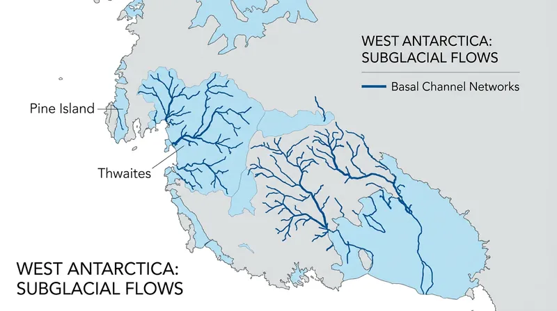 The Thwaites and Pine Island glaciers, which hold back massive amounts of land ice, are heavily scarred by basal channels.