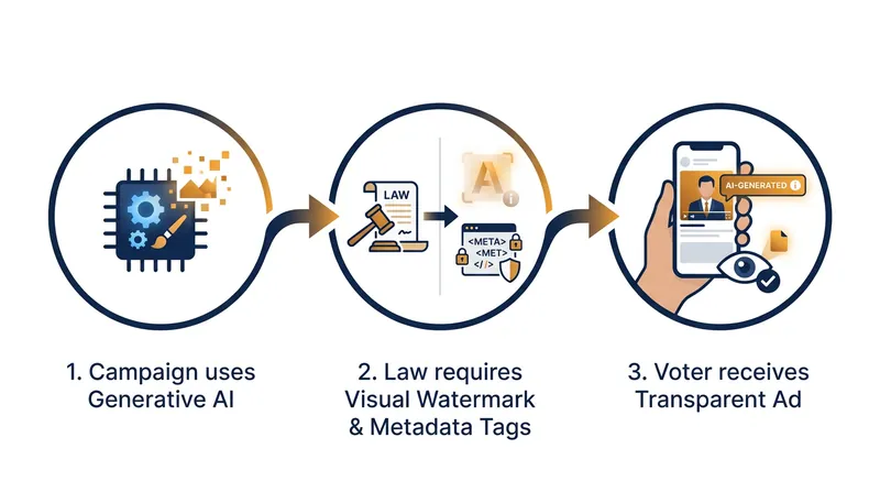 Disclosure laws mandate that synthetic media carry both visible watermarks and hidden digital forensics.