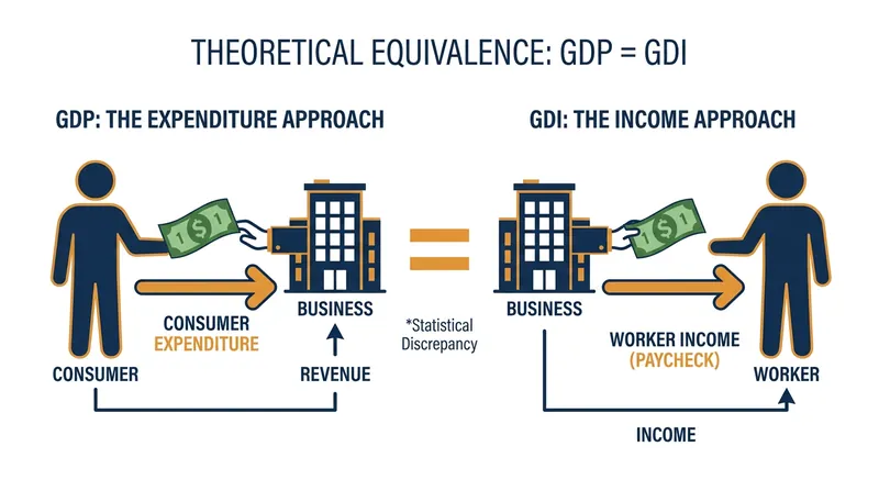 In theory, every dollar spent in the economy is simultaneously a dollar earned, making GDP and GDI conceptually identical.
