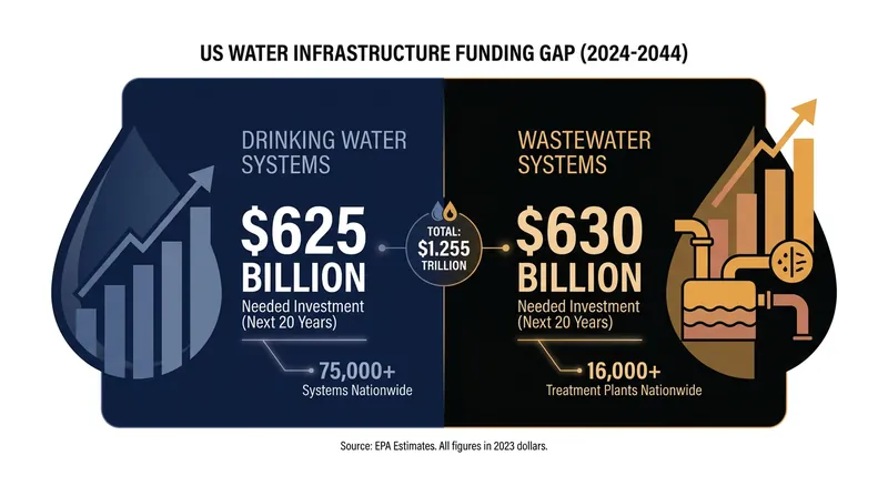 Federal assessments show that US water systems alone require over $1.2 trillion in upgrades over the next two decades.