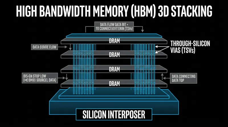 HBM achieves massive data speeds by stacking memory chips vertically and connecting them with microscopic copper pillars.