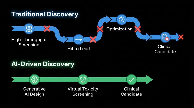 By simulating toxicity and efficacy virtually, AI models bypass years of physical laboratory testing.