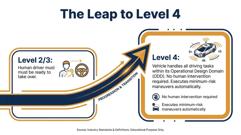Level 4 autonomy represents a paradigm shift where the machine assumes total responsibility for the dynamic driving task.
