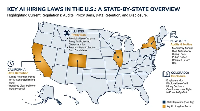 The state-by-state patchwork of AI hiring regulations in 2026.