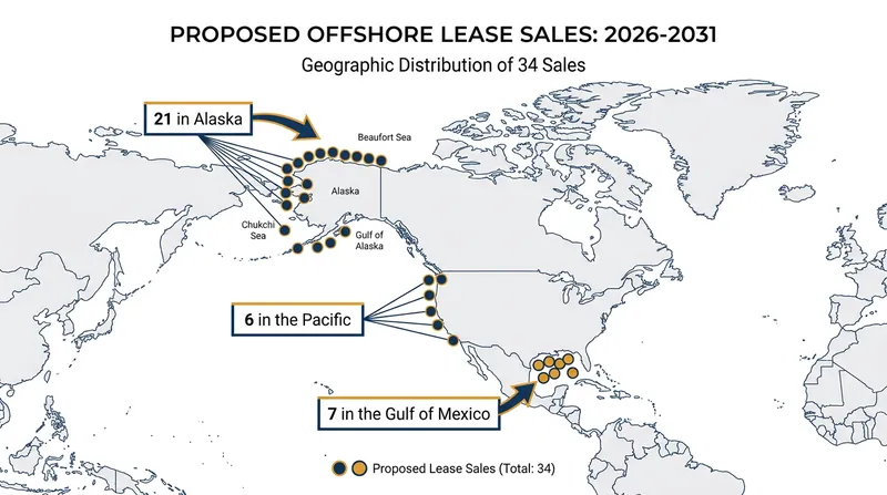 The proposed 2026–2031 leasing schedule heavily targets Alaskan waters while reintroducing the Pacific coast.