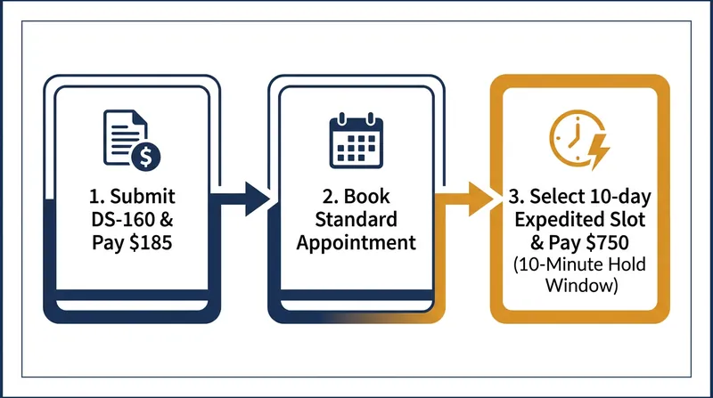 The expedited booking process requires applicants to secure a standard appointment before upgrading.