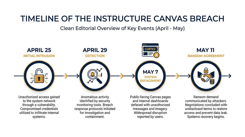 Timeline of the Canvas breach from initial intrusion to the ransom agreement.