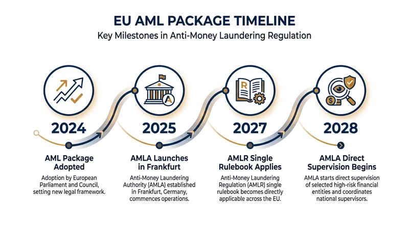 The phased rollout of the EU's anti-money laundering overhaul.
