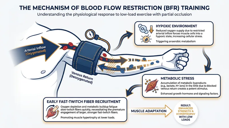 By restricting venous return, BFR creates a localized hypoxic environment that forces the early recruitment of fast-twitch muscle fibers.