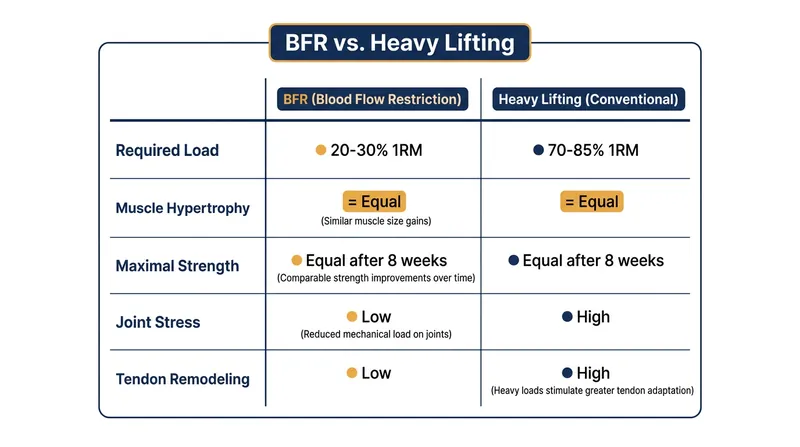 While BFR matches heavy lifting for muscle growth and general strength, heavy loads remain superior for tendon and bone adaptations.