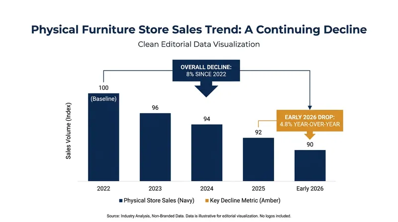 Physical furniture store sales have steadily declined as housing turnover remains frozen.