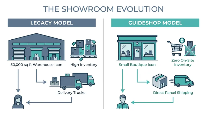 The furniture industry is shifting from massive inventory-heavy showrooms to lean, experiential guideshops.