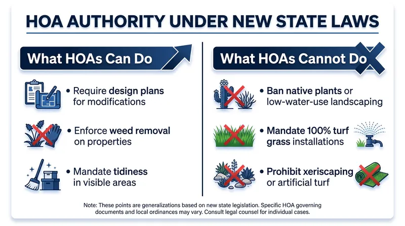 While HOAs cannot ban native plants in protected states, they retain the right to enforce maintenance and tidiness standards.