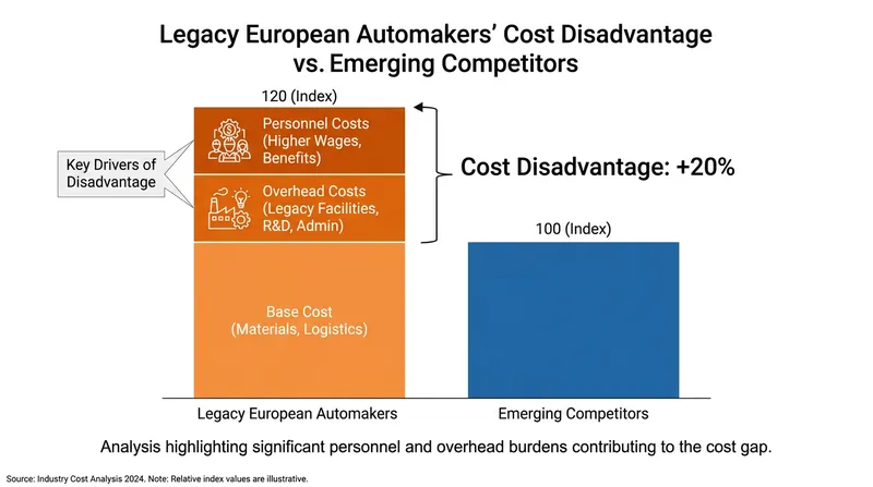 Legacy automakers face a significant structural cost disadvantage compared to new market entrants.