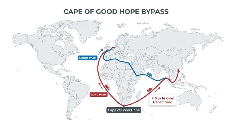 Rerouting around the Cape of Good Hope adds thousands of miles and weeks of transit time to global shipping.