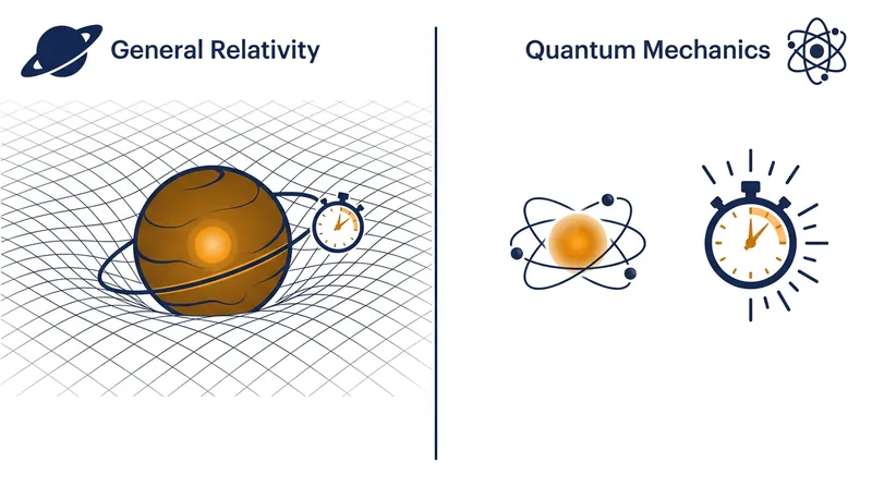 General relativity treats time as a physical dimension that warps, while quantum mechanics treats it as an absolute, external clock.