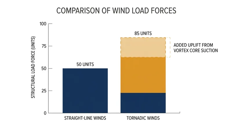 Tornadoes exert unique forces on buildings, combining rotational velocity with extreme vortex core suction.