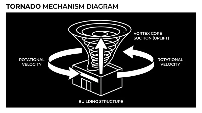 Vortex core suction attempts to pull a building apart from the inside out, requiring significantly stronger roof-to-wall connections.
