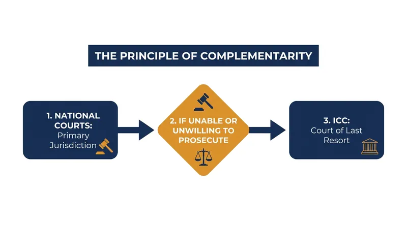 The ICC operates under the principle of complementarity, acting only when domestic courts fail to investigate grave crimes.