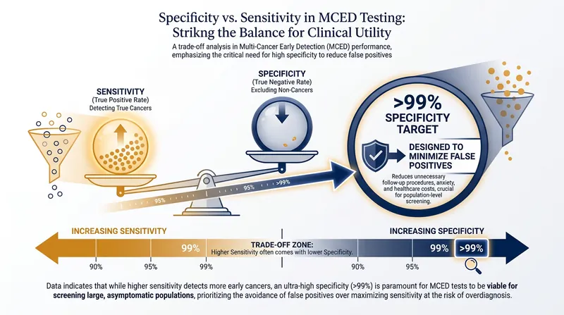 MCED tests prioritize high specificity (>99%) to prevent false positives and avoid overwhelming the healthcare system.