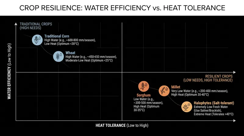 Sorghum and millet require significantly less water and tolerate higher temperatures than traditional corn and wheat.