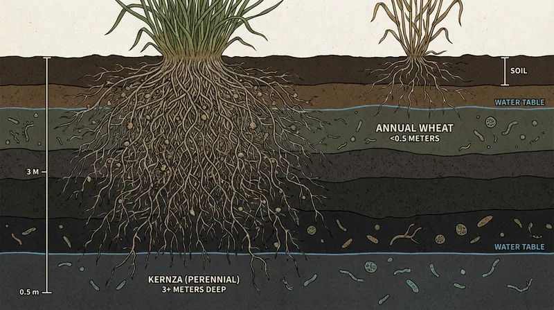 Perennial grains like Kernza develop deep root systems that capture carbon and access hidden moisture during severe droughts.
