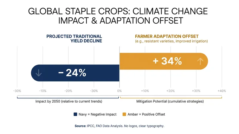 While global crop yields face steep declines, farmer adaptation can offset roughly a third of the projected losses.