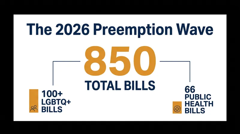 The volume of state preemption bills introduced in 2026 saw a massive increase from the previous year.