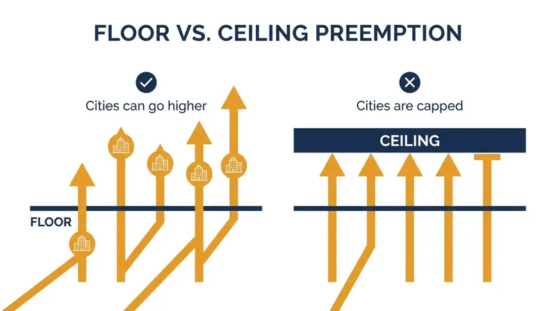 Ceiling preemption prevents local governments from passing regulations that exceed state standards.