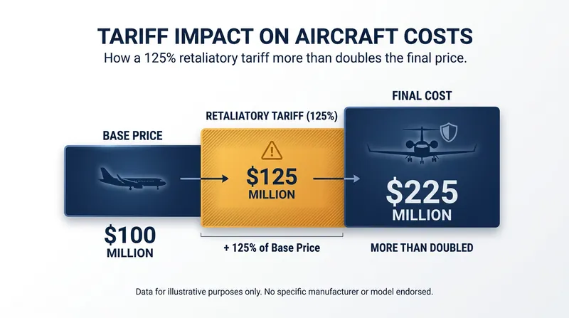 How China's 125% retaliatory tariff effectively doubles the cost of importing U.S.-manufactured aircraft.