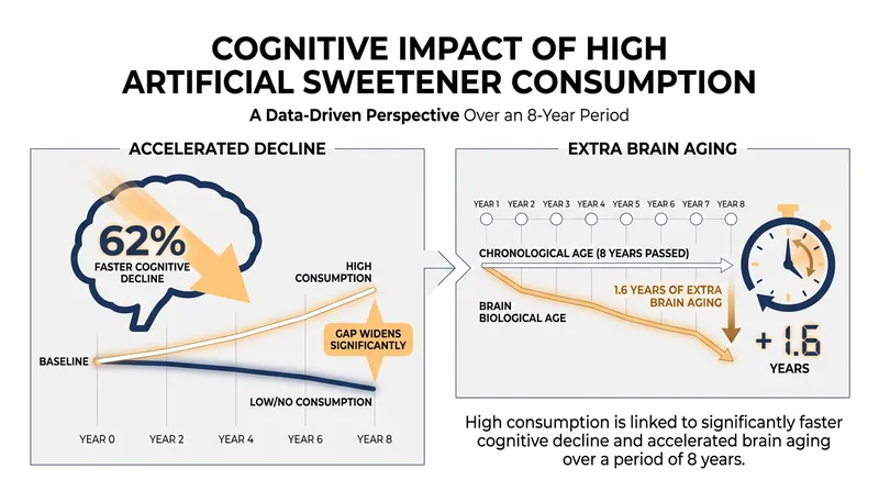 Highest consumers of artificial sweeteners experienced cognitive changes equivalent to 1.6 years of extra brain aging.