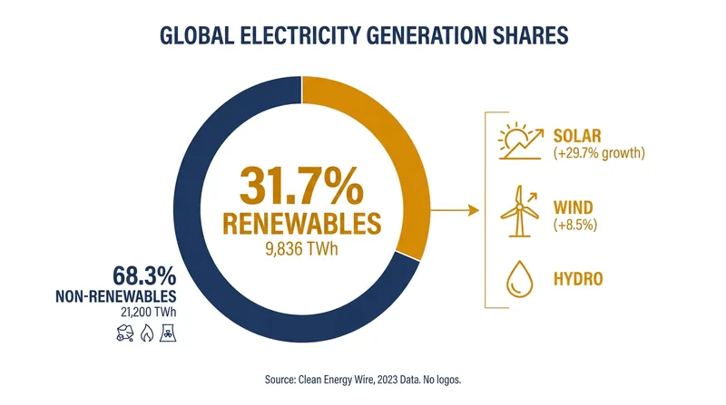 Renewables accounted for nearly a third of all global electricity generation, with solar leading the year-over-year growth.