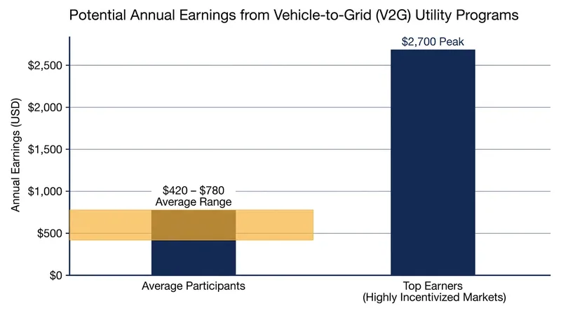 Homeowners participating in V2G pilot programs can earn hundreds of dollars annually by supplying energy during peak demand.