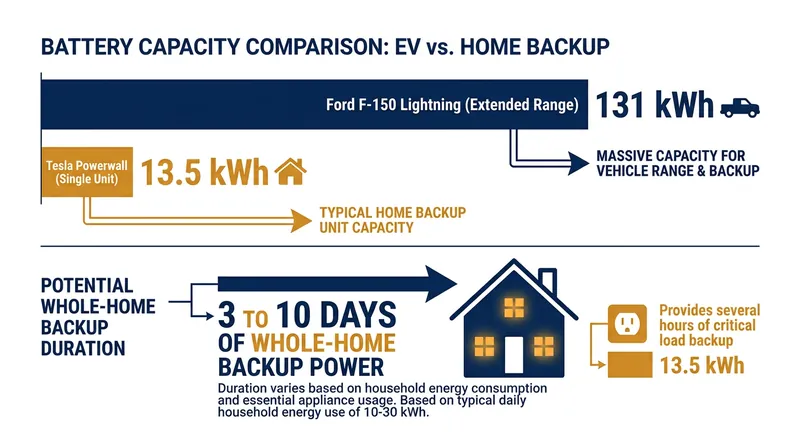 A modern electric truck holds nearly ten times the energy capacity of a standard dedicated home battery.