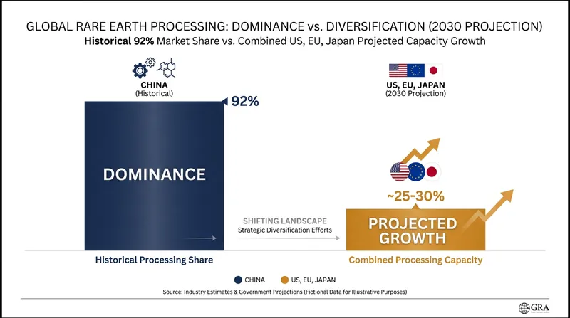 While China historically controlled 92% of global processing, allied capacity is projected to rapidly expand over the next decade.