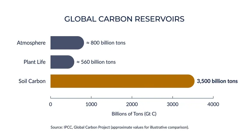 Global soil carbon vastly outweighs the carbon stored in the atmosphere and all living plants combined.