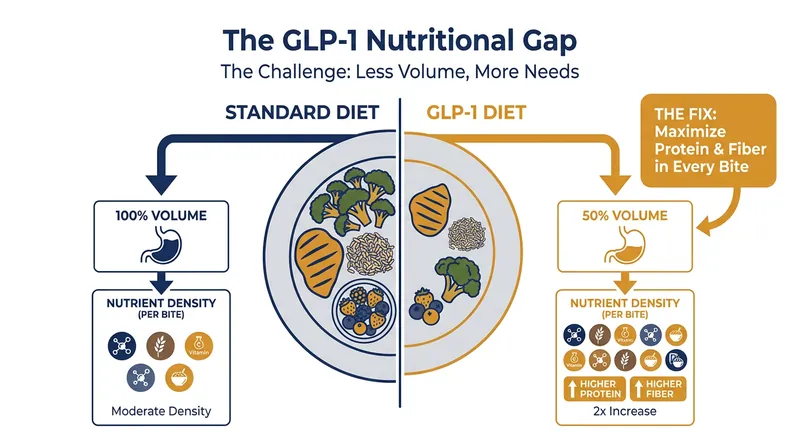 Because GLP-1 users consume significantly less food, the nutritional density of each meal must increase to prevent malnutrition.
