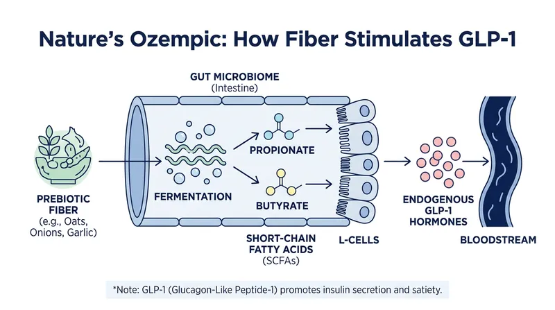 Certain prebiotic fibers naturally stimulate the body's own production of GLP-1 hormones, acting as 'nature's Ozempic.'