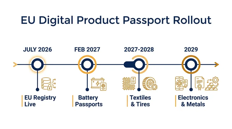 The ESPR implementation timeline phases in product categories through 2030.