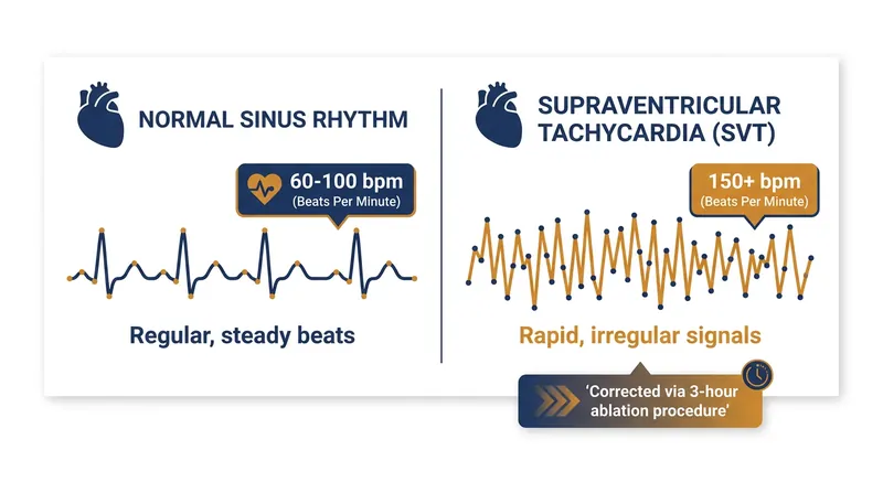 Supraventricular Tachycardia (SVT) causes sudden, dangerously rapid heart rates, which can now be corrected with minimally invasive ablation.