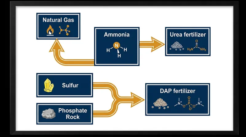 The chemical pathways that turn fossil fuels and mined minerals into crop nutrients.