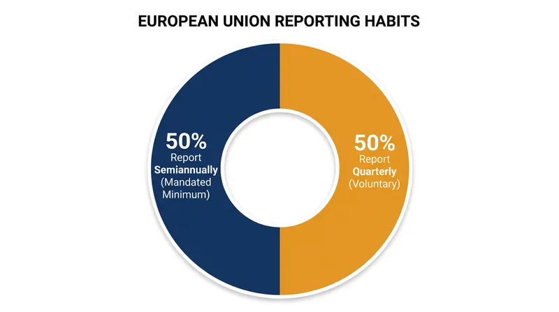 Despite EU laws requiring only semiannual reporting, half of European public companies still voluntarily report quarterly to satisfy investor demand.