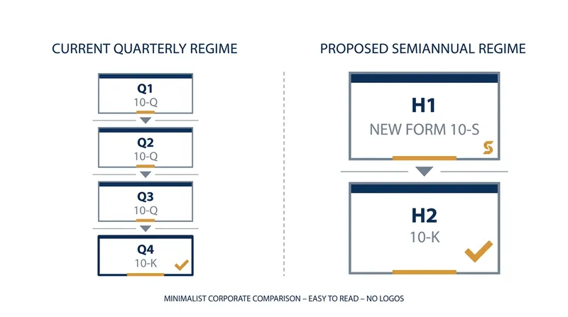 Under the proposal, companies can replace three Form 10-Q filings with a single Form 10-S covering the first six months of the year.