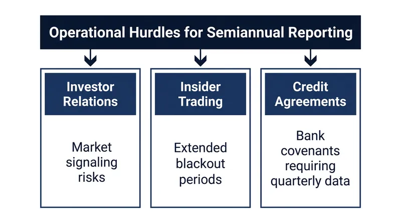 Companies opting for semiannual reporting must navigate significant secondary challenges, from extended insider trading blackouts to strict bank covenants.