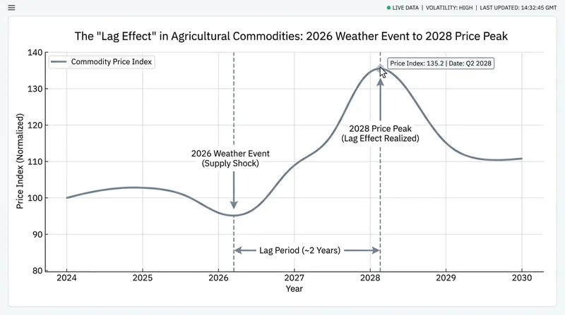 The 'lag effect' delays the peak impact of agricultural disruptions on retail grocery prices.