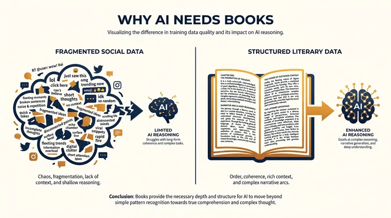 Books provide the long-form narrative structure and complex reasoning that large language models cannot learn from fragmented internet text.