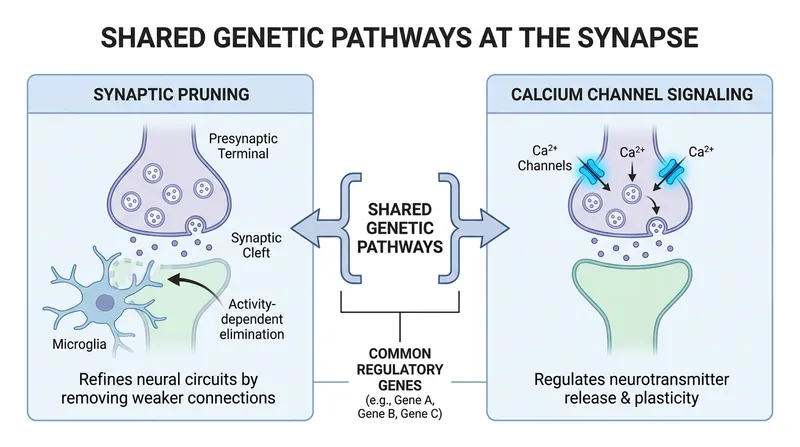 The shared genetic mutations primarily affect how the brain prunes synapses and how neurons use calcium to communicate.