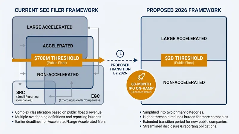 The proposed rules would collapse five overlapping filer categories into two, significantly expanding the number of non-accelerated filers.